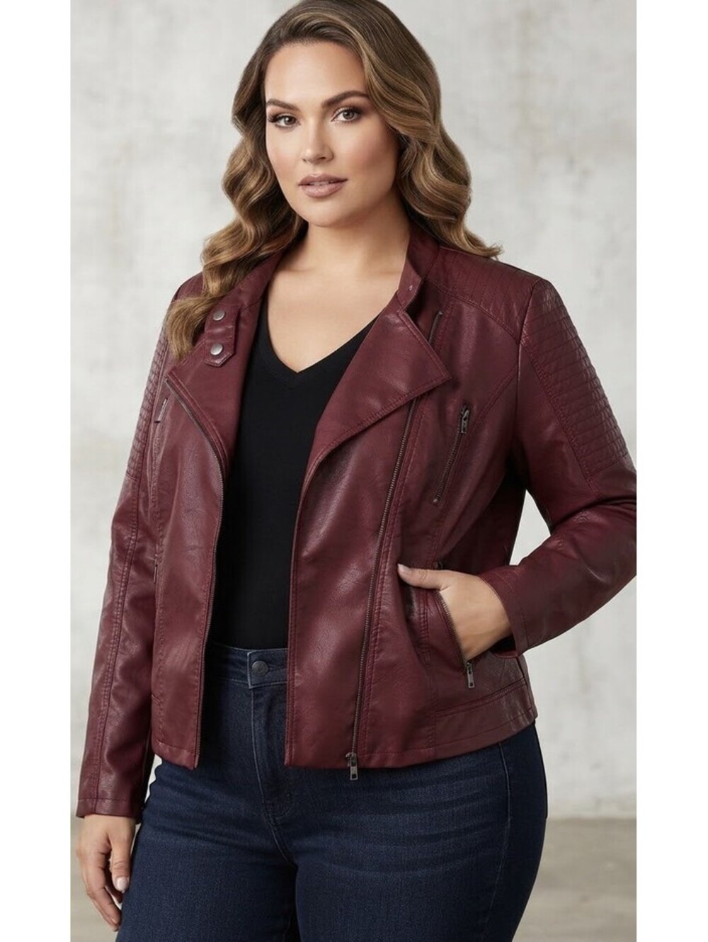 Ashley Stewart Faux Leather Moto Jacket Burgundy Women’s Size 26